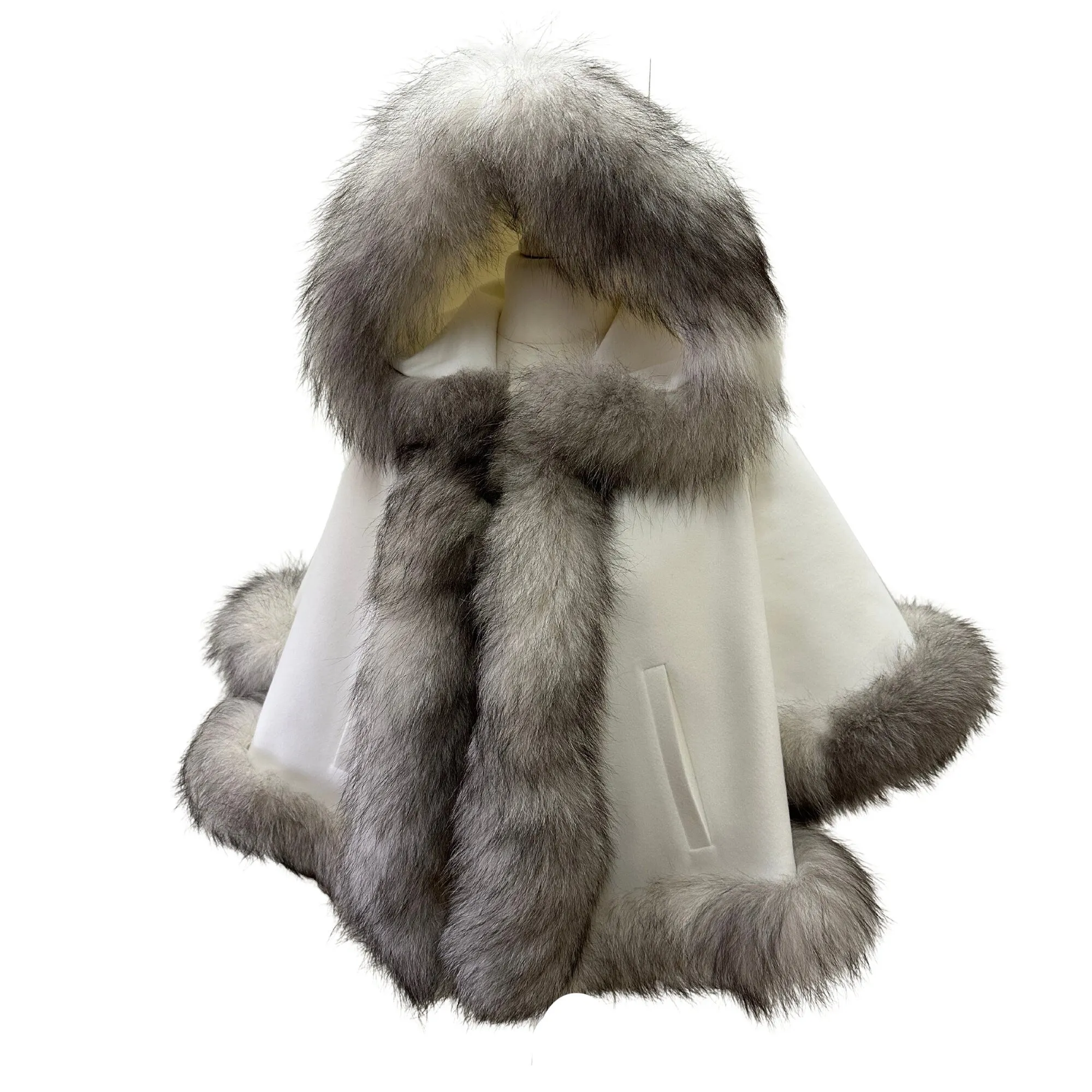 Ivory Women Winter Coat Cape Trim Fox Fur, Winter Women's Poncho Jacket lined, Warm Women's coat with a hood
