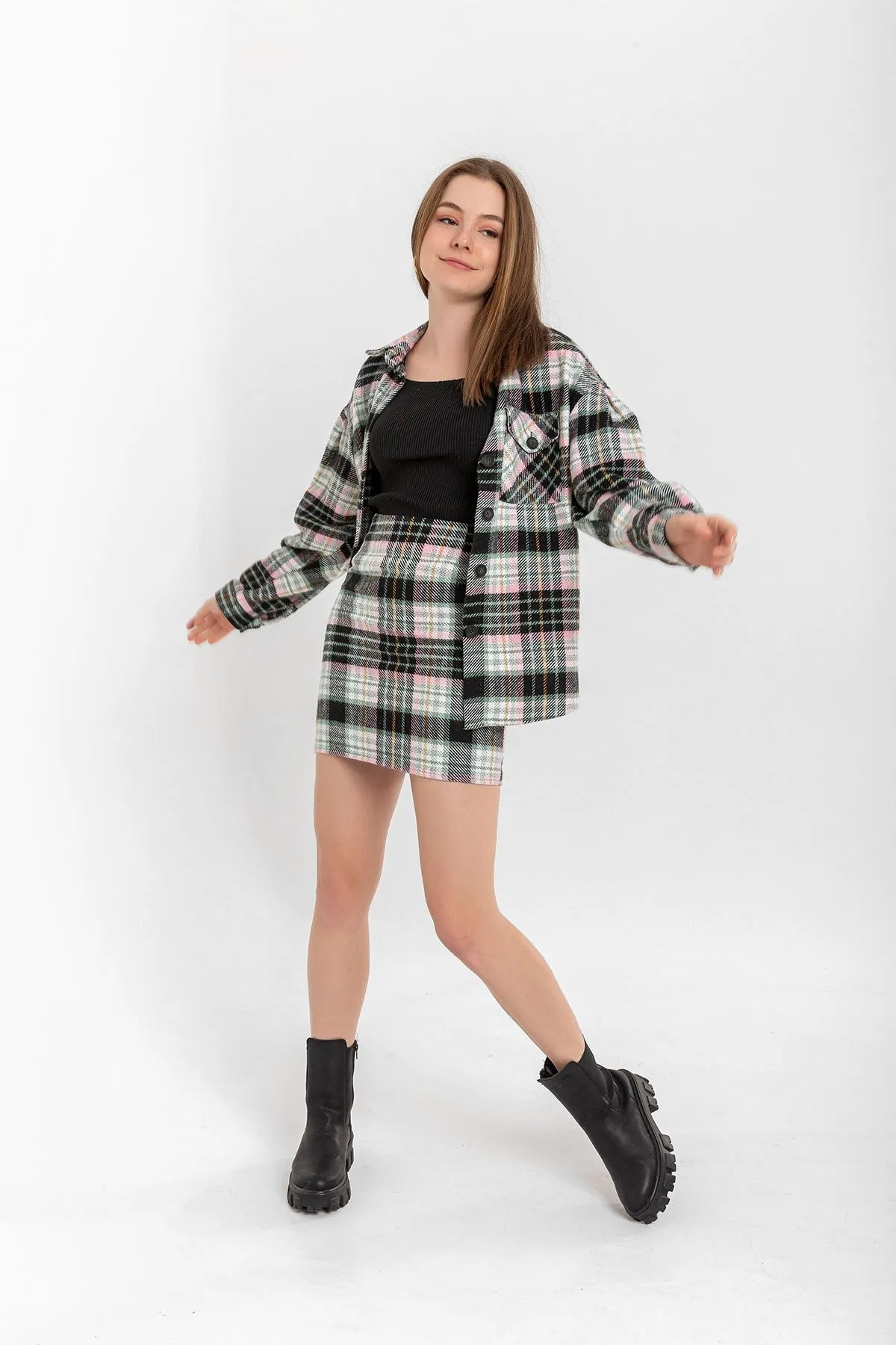 KKT Lumberjack Fabric Tight Fit Striped Mini Skirt - Mint - Jackson