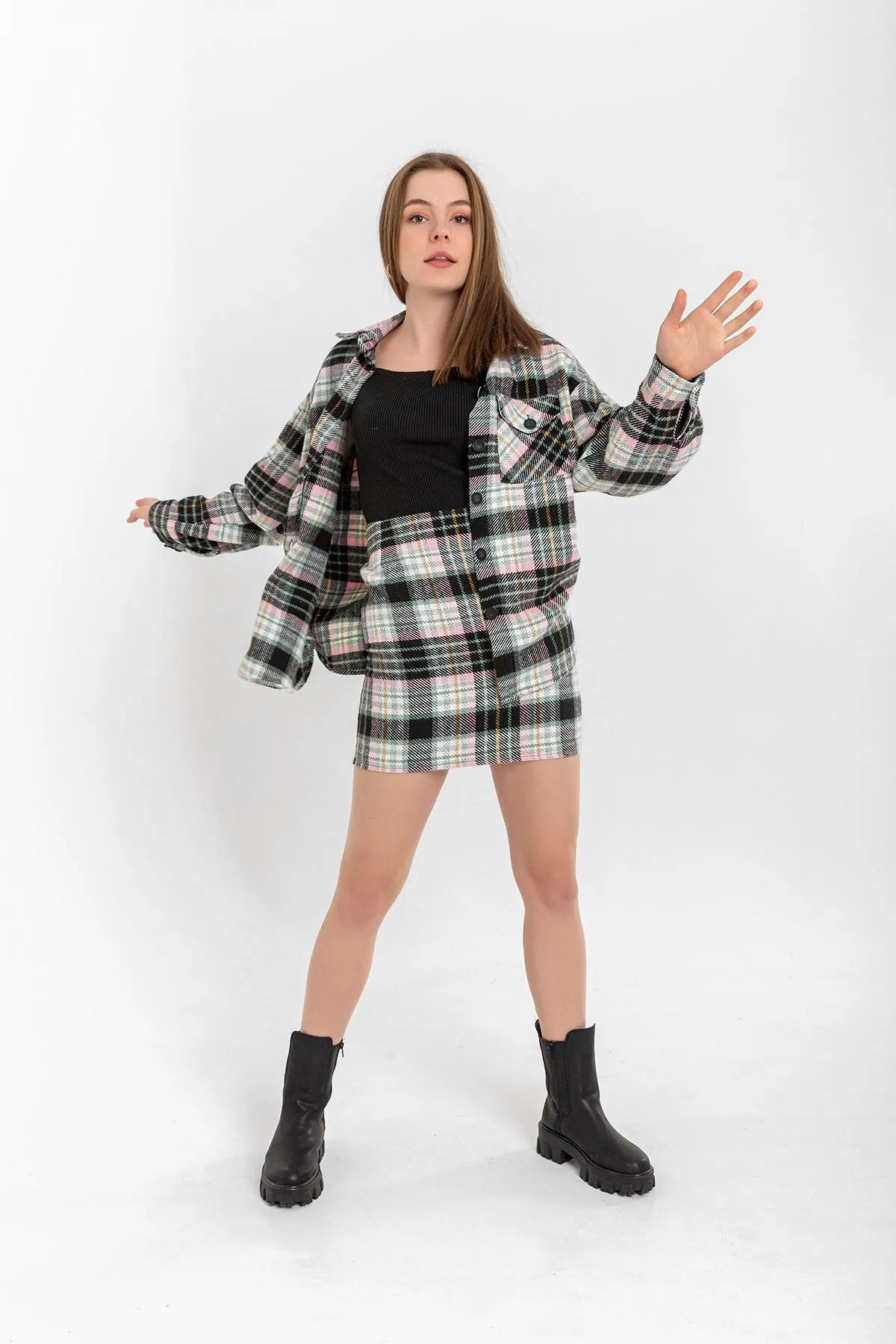 KKT Lumberjack Fabric Tight Fit Striped Mini Skirt - Mint - Jackson