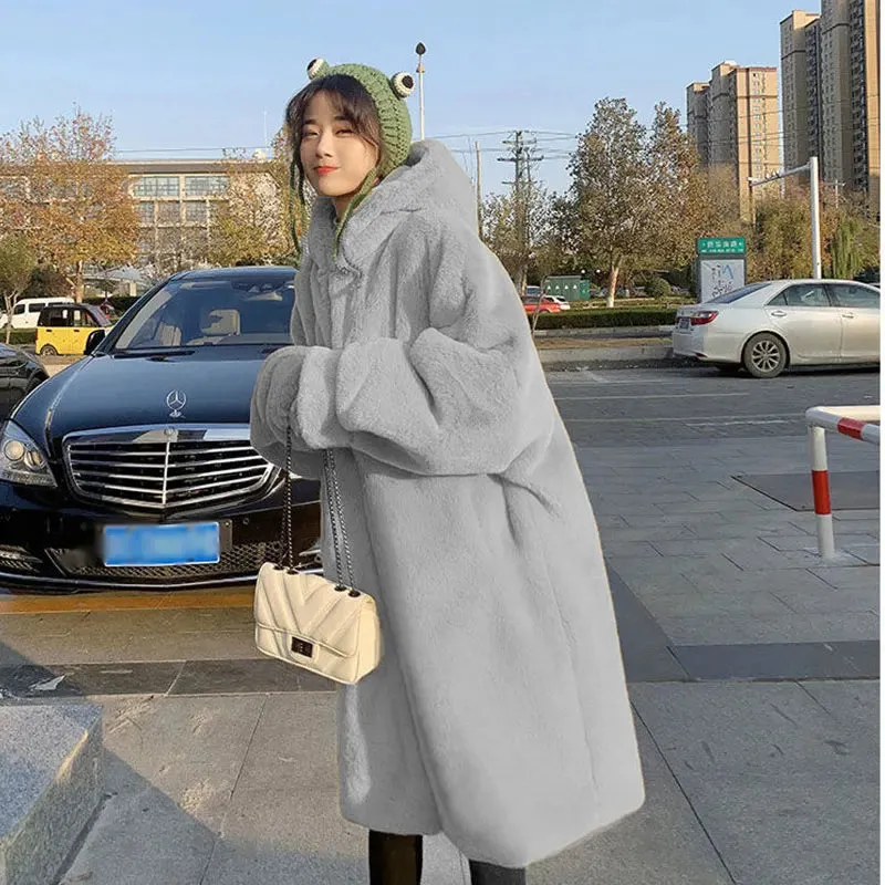 LIUJ QM Hooded Oversized Jacket Winter Fur Coat Women Parka Long Warm Faux Fur Jacket Coats Loose Winter Coat Women -20 Degrees