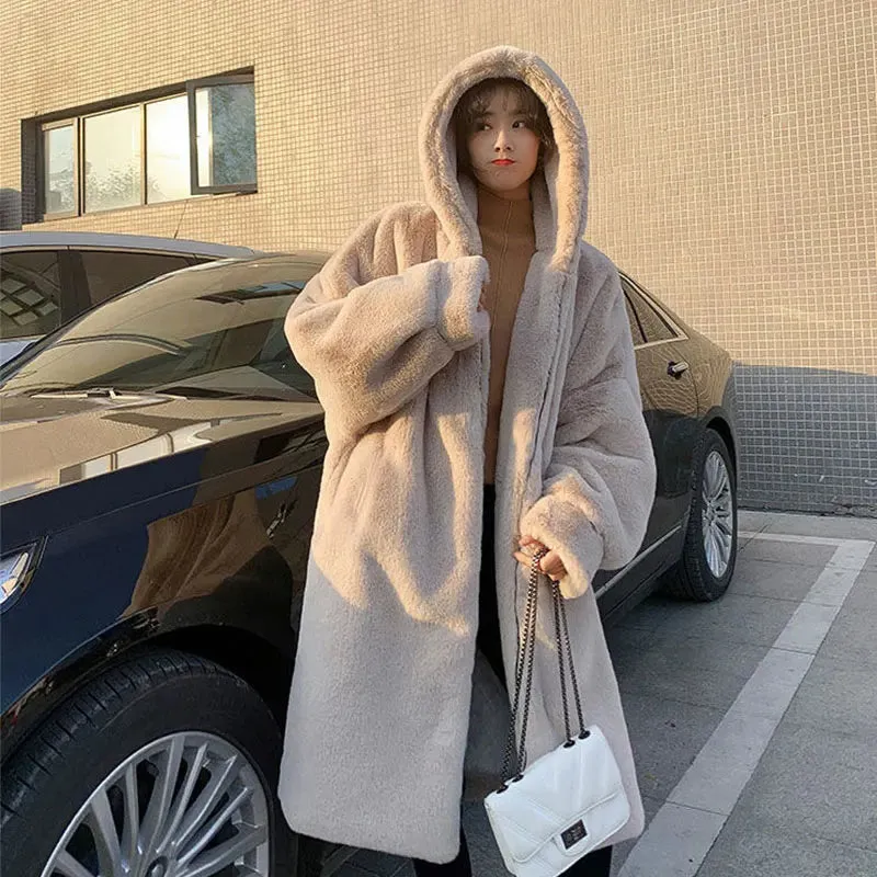 LIUJ QM Hooded Oversized Jacket Winter Fur Coat Women Parka Long Warm Faux Fur Jacket Coats Loose Winter Coat Women -20 Degrees