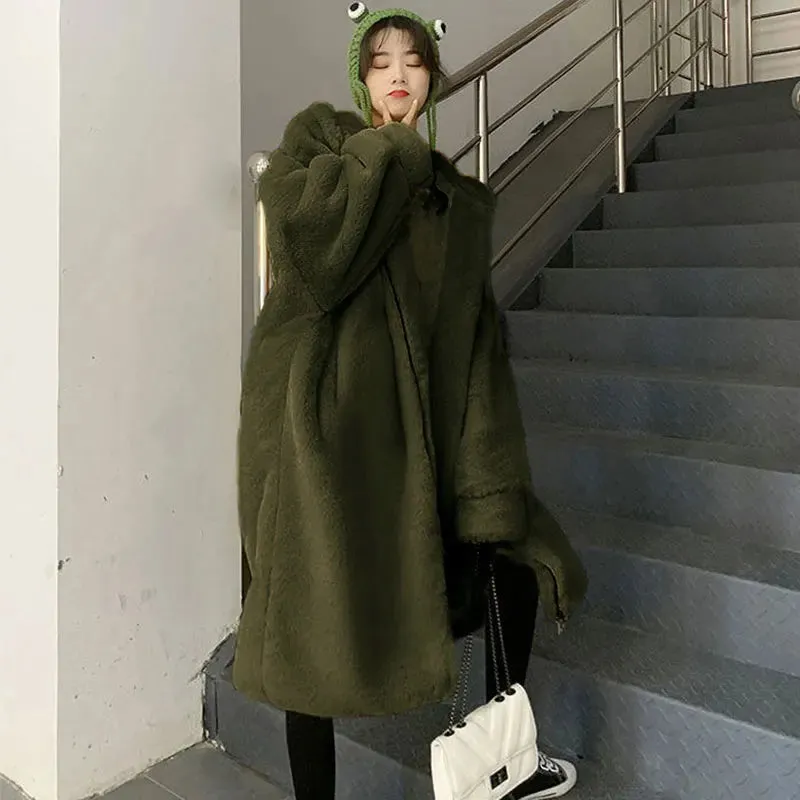 LIUJ QM Hooded Oversized Jacket Winter Fur Coat Women Parka Long Warm Faux Fur Jacket Coats Loose Winter Coat Women -20 Degrees