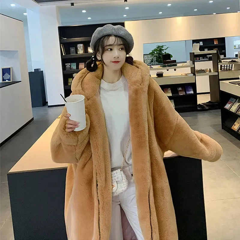 LIUJ QM Hooded Oversized Jacket Winter Fur Coat Women Parka Long Warm Faux Fur Jacket Coats Loose Winter Coat Women -20 Degrees