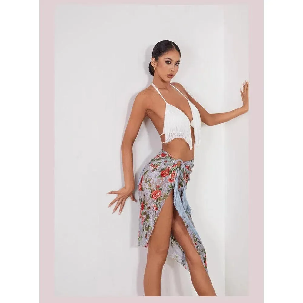 Long Dance Skirts with Fringed Skirt and High Slit for Women