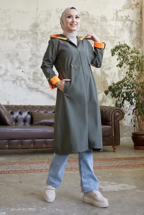 MDS Women Waist Ruffled Hooded Neon Trench Coat - Khaki \ Orange - Launceston