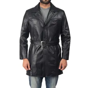 Men's Black Sheepskin Leather Trench Coat - Stylish & Warm