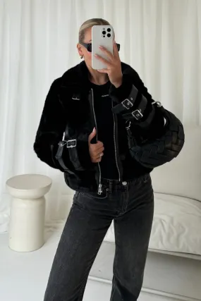 Mollie black faux fur aviator jacket