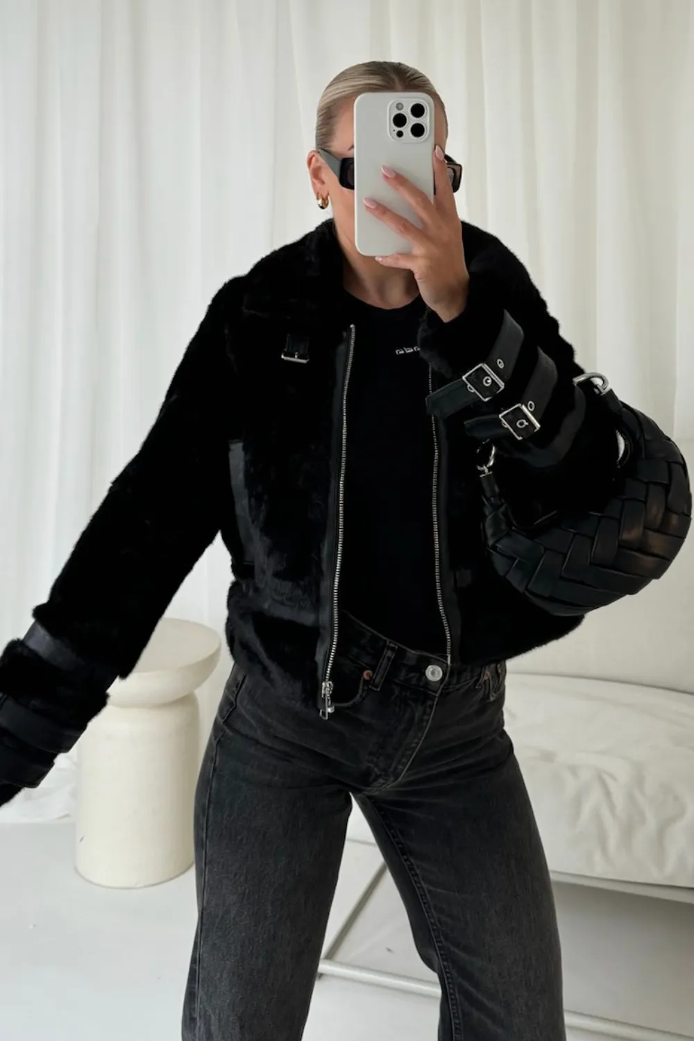 Mollie black faux fur aviator jacket