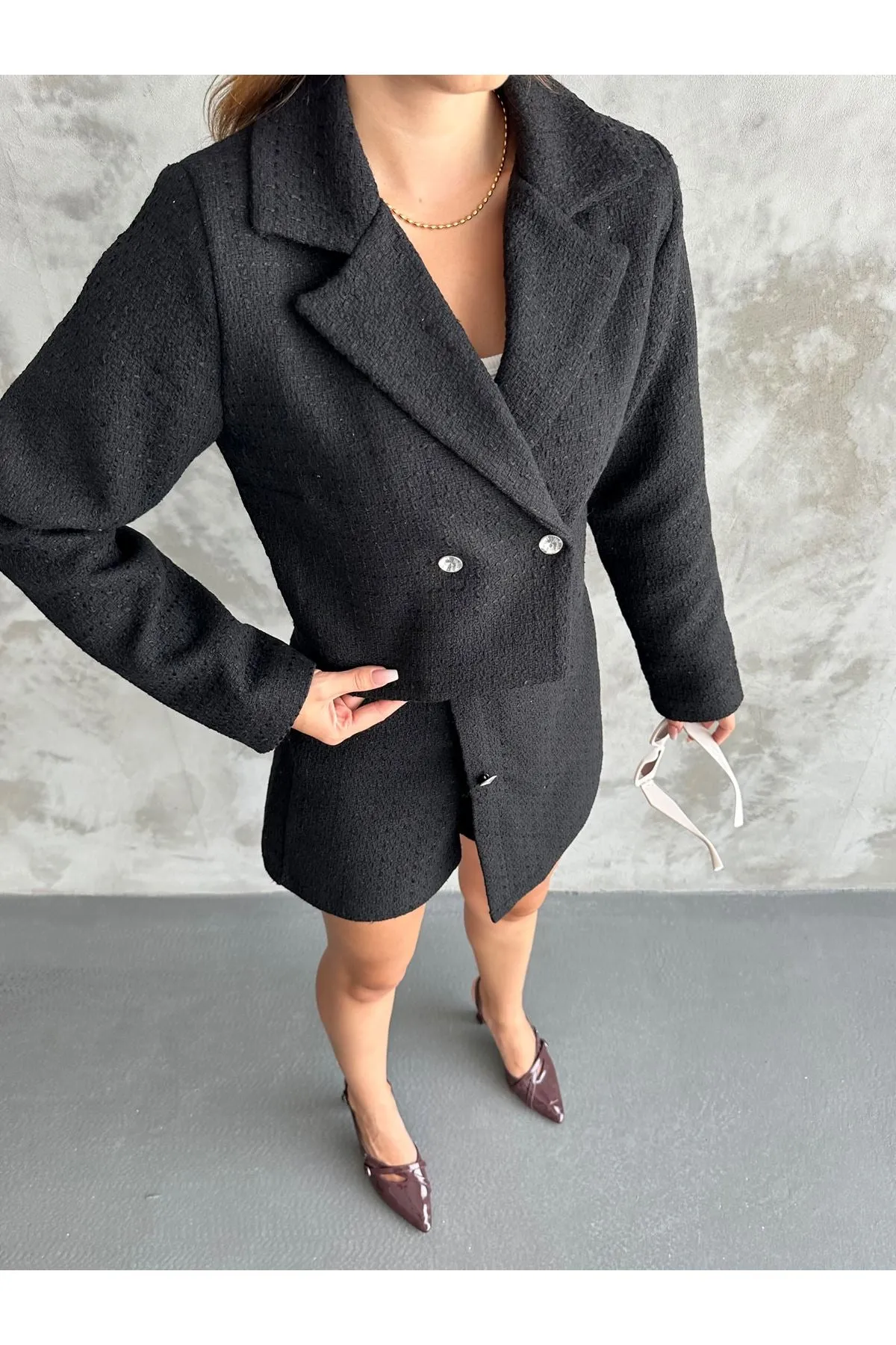 MXM Women TWEED SHORTS SKIRT SUIT WITH LAPEL NECKLINE - Woodley