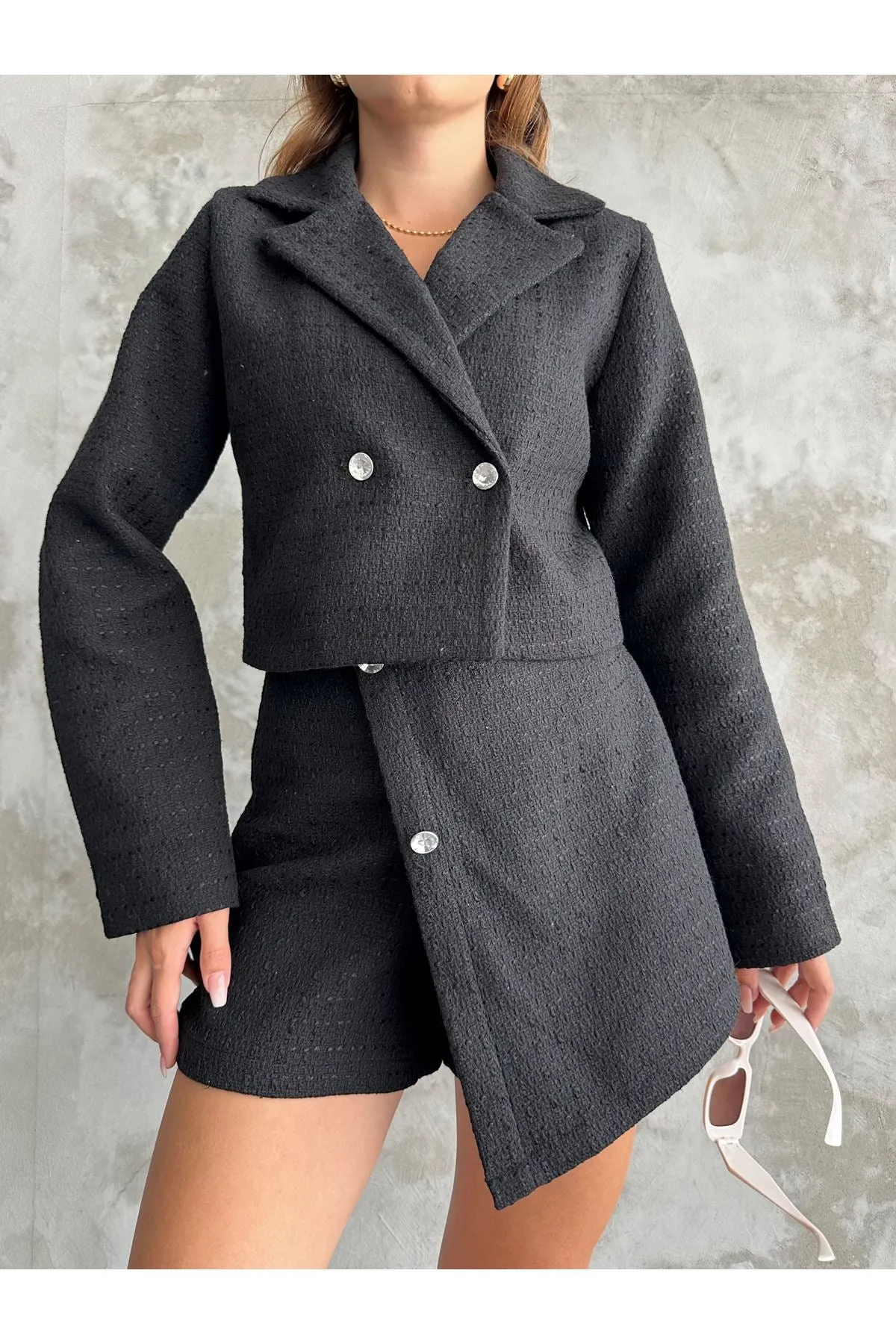 MXM Women TWEED SHORTS SKIRT SUIT WITH LAPEL NECKLINE - Woodley