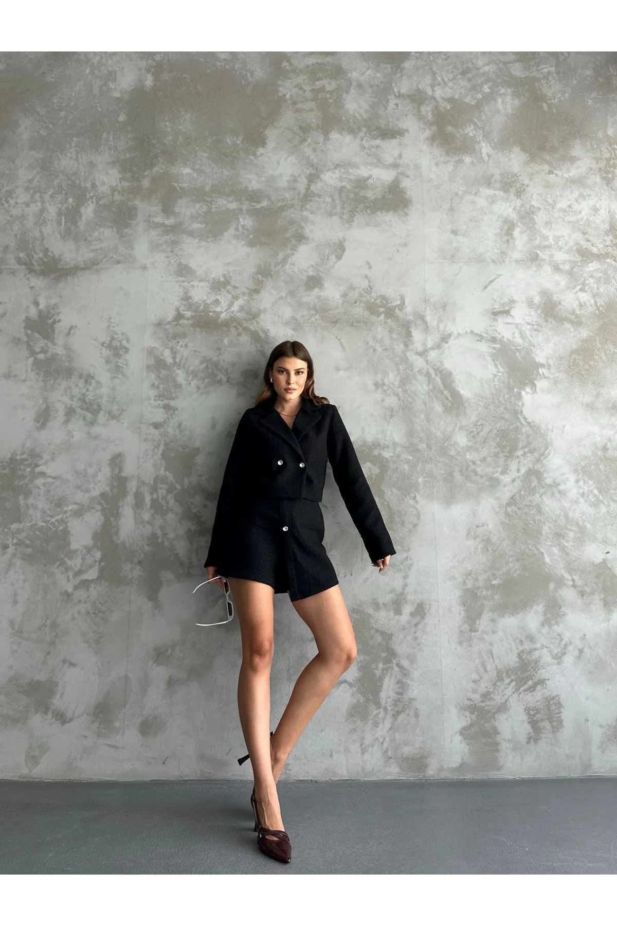 MXM Women TWEED SHORTS SKIRT SUIT WITH LAPEL NECKLINE - Woodley