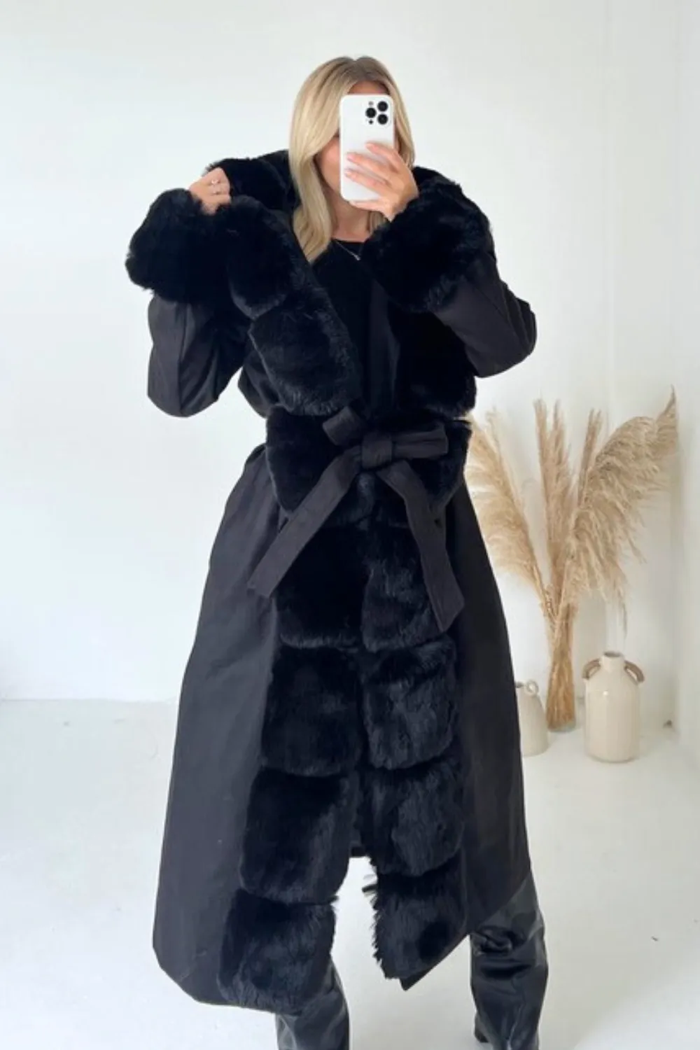 Nancy black felt faux fur long coat