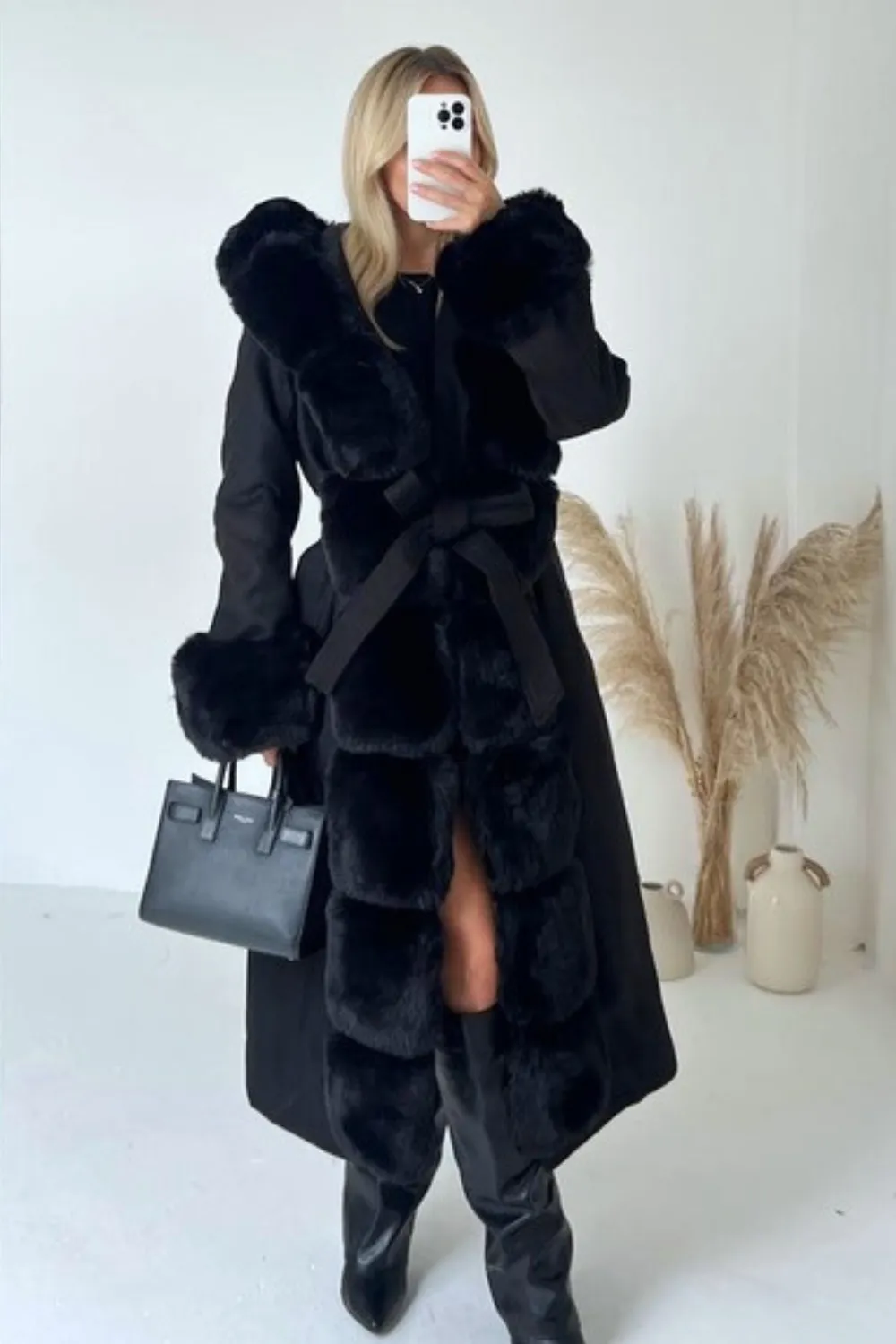 Nancy black felt faux fur long coat