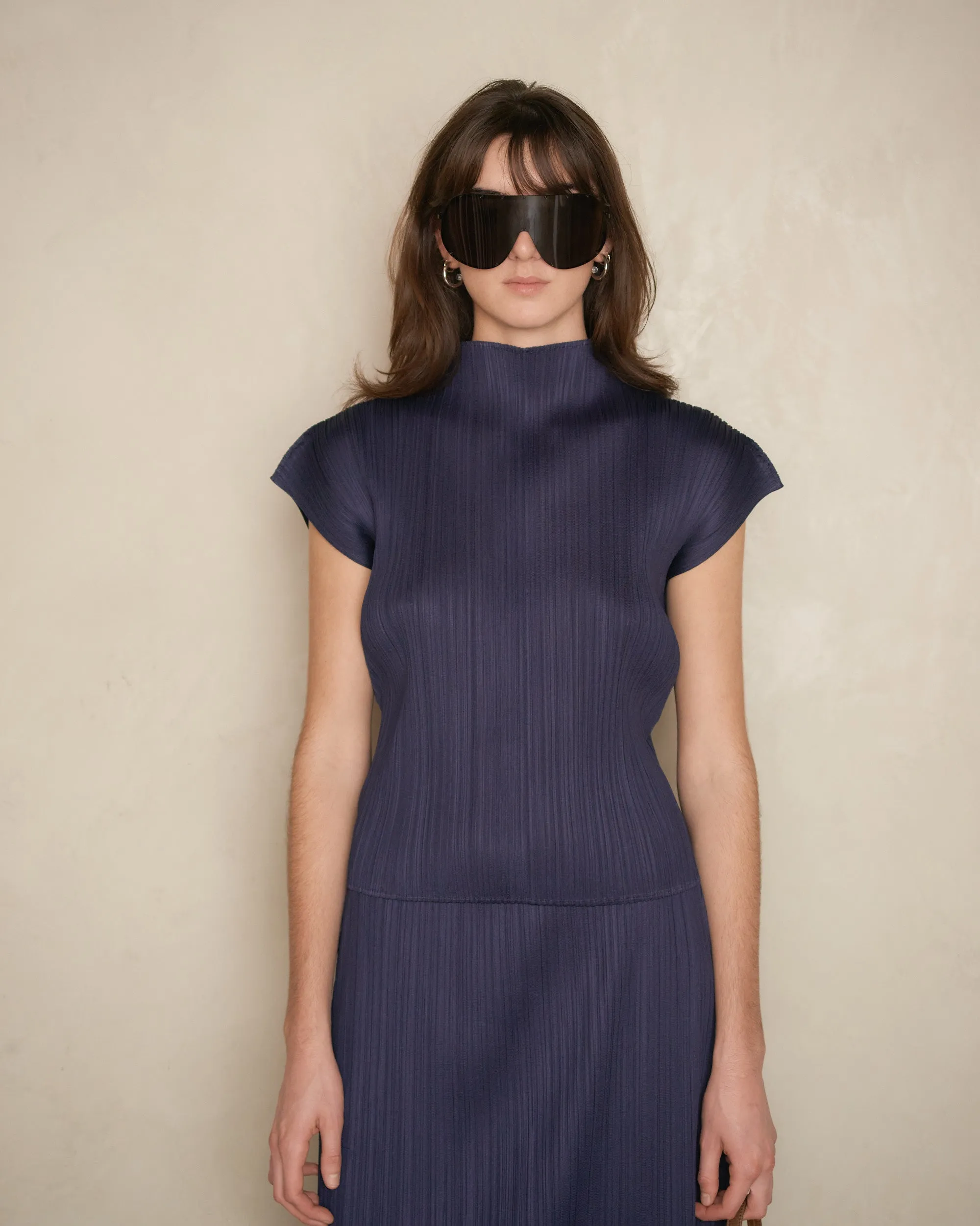 Navy High Neck Pleat Top