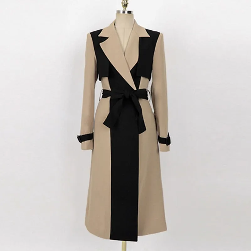 Notched Collar Patchwork Belted Trench Coat