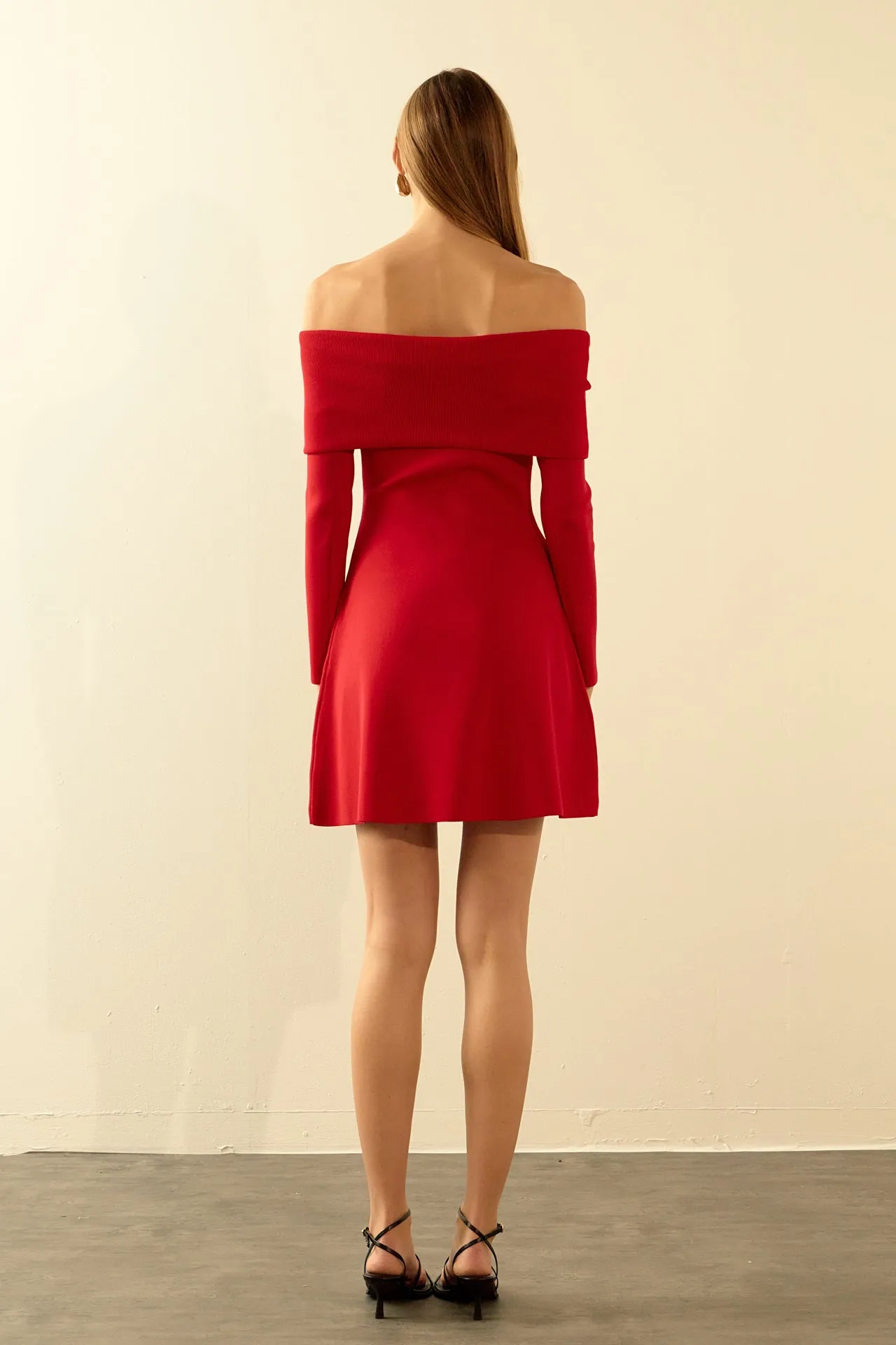 Off Shoulder Mini Flare Knit Dress
