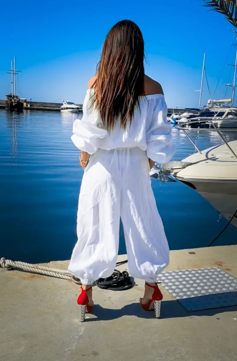 Off Shoulders White Linen Jumpsuit BOHEMY