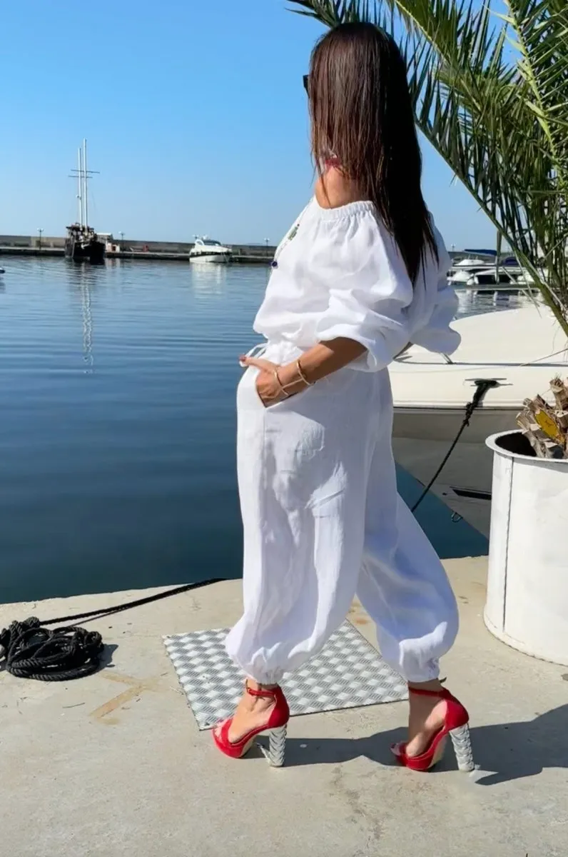 Off Shoulders White Linen Jumpsuit BOHEMY