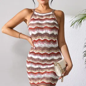 Openwork Striped Spaghetti Strap Knit Dress