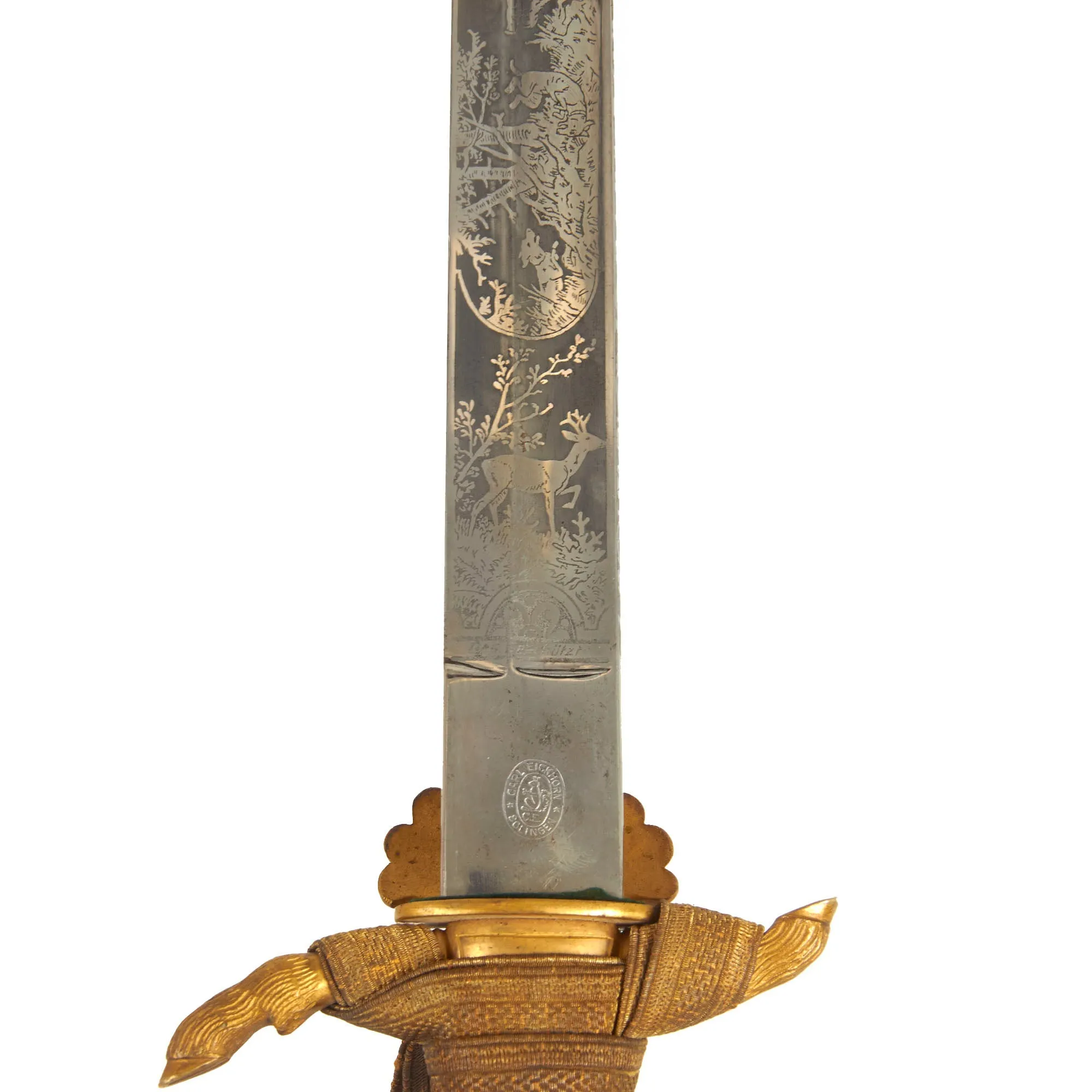 Original German Pre WWII Hirschfänger Dog Head Forestry Dress Cutlass by Carl Eickhorn with Troddel & Scabbard