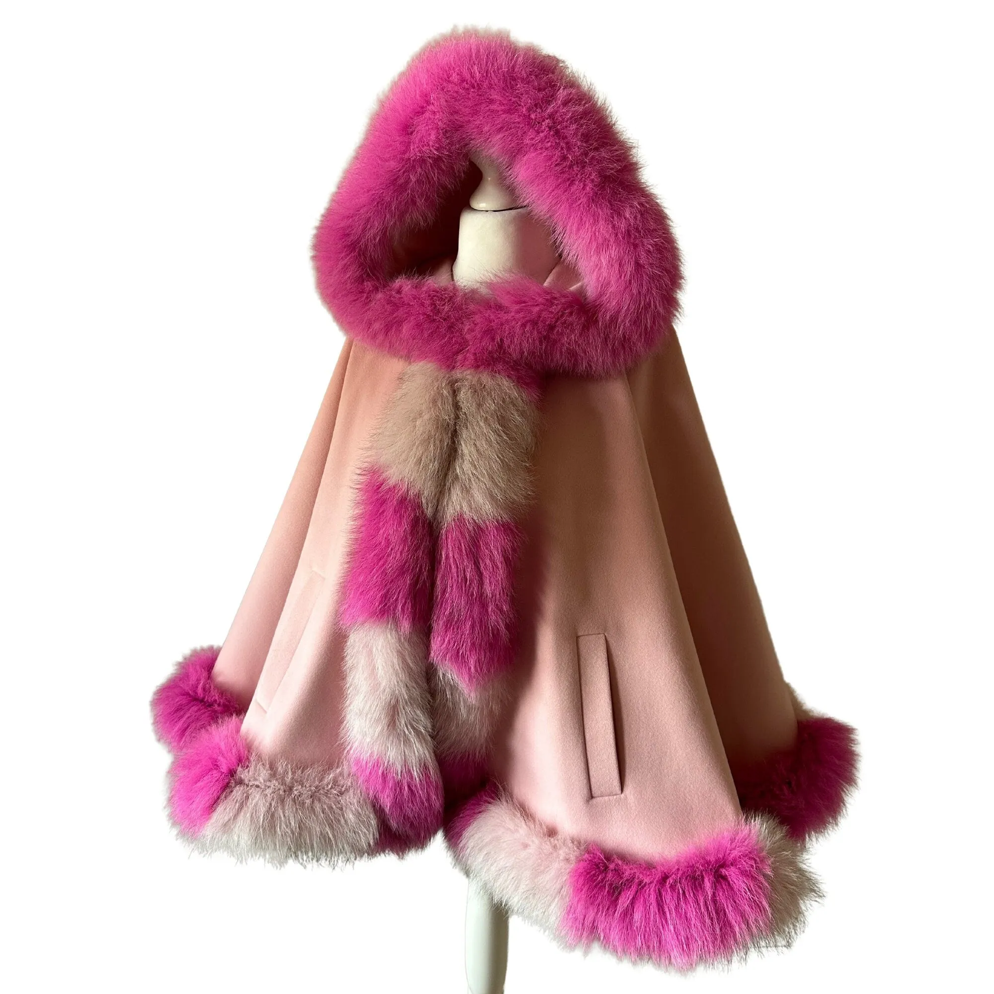 Pink Women Winter Coat Cape Trim Fox Fur, Winter Women's Poncho Jacket lined, Warm Women's coat with a hood