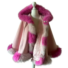 Pink Women Winter Coat Cape Trim Fox Fur, Winter Women's Poncho Jacket lined, Warm Women's coat with a hood