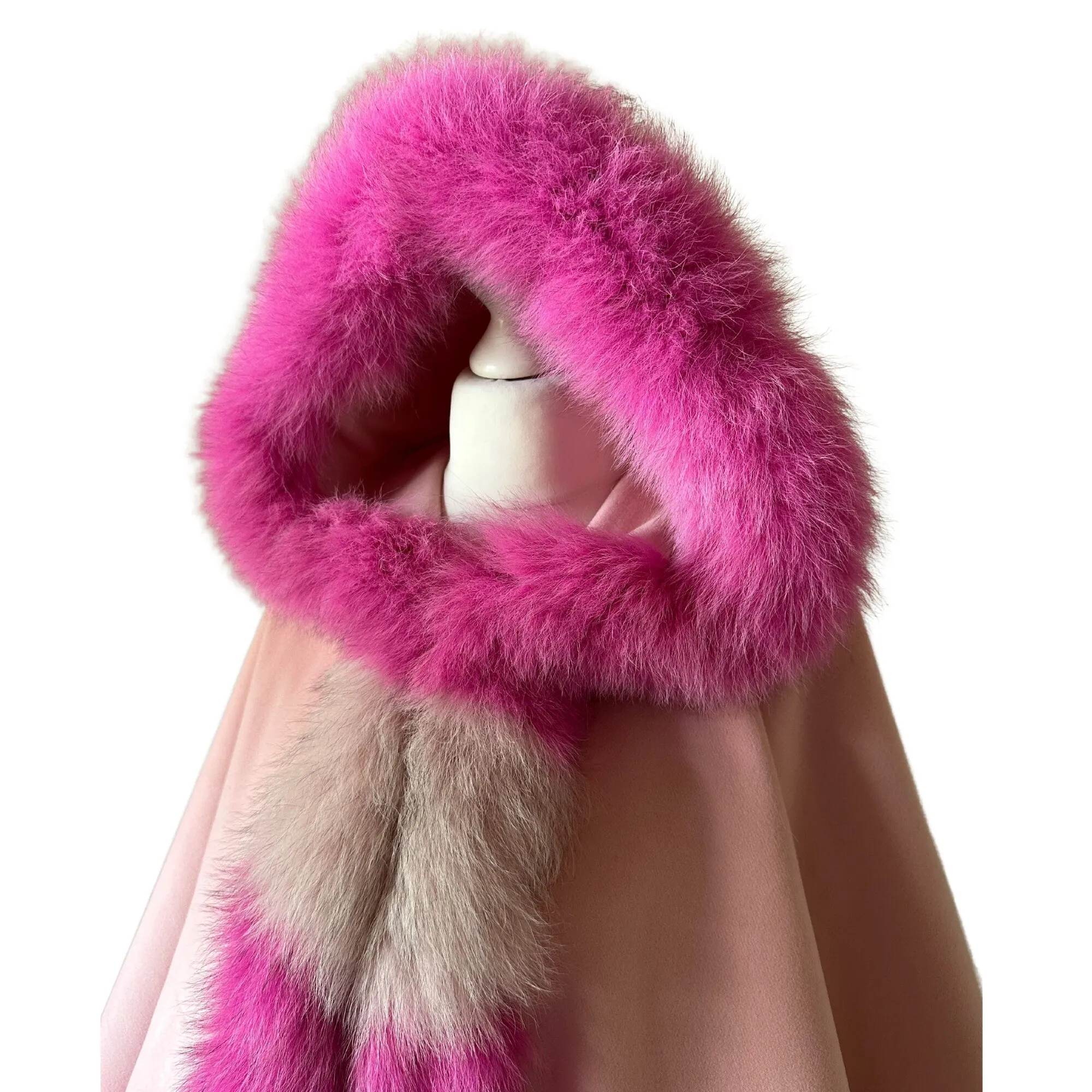 Pink Women Winter Coat Cape Trim Fox Fur, Winter Women's Poncho Jacket lined, Warm Women's coat with a hood