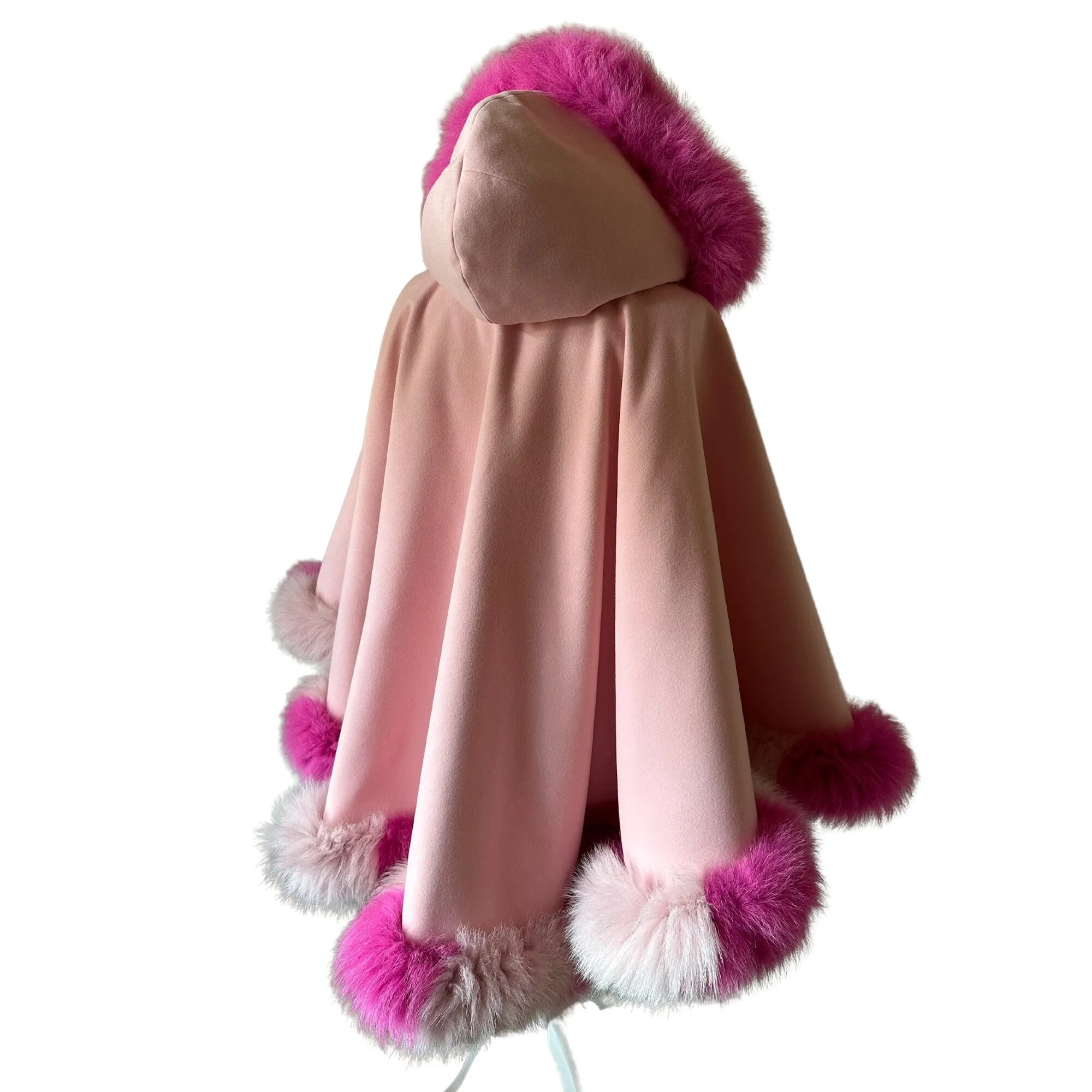 Pink Women Winter Coat Cape Trim Fox Fur, Winter Women's Poncho Jacket lined, Warm Women's coat with a hood