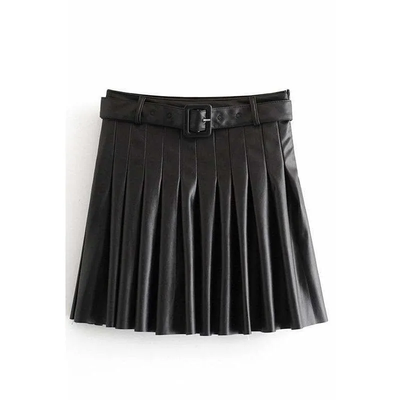 Pleated Leather Mini Skirt with Belt