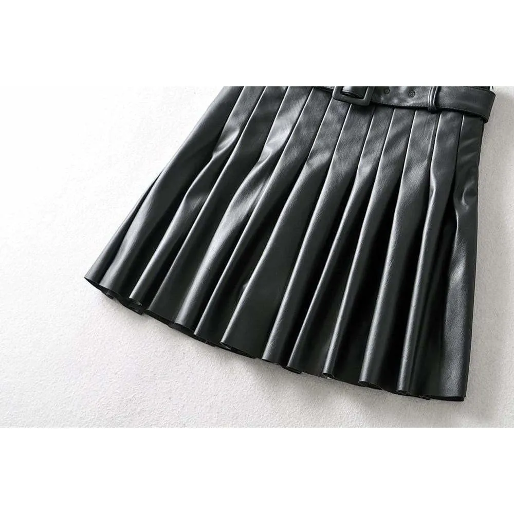 Pleated Leather Mini Skirt with Belt