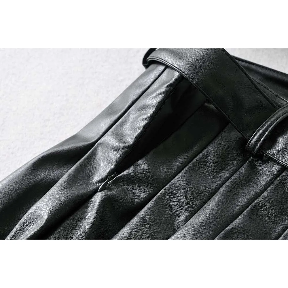 Pleated Leather Mini Skirt with Belt