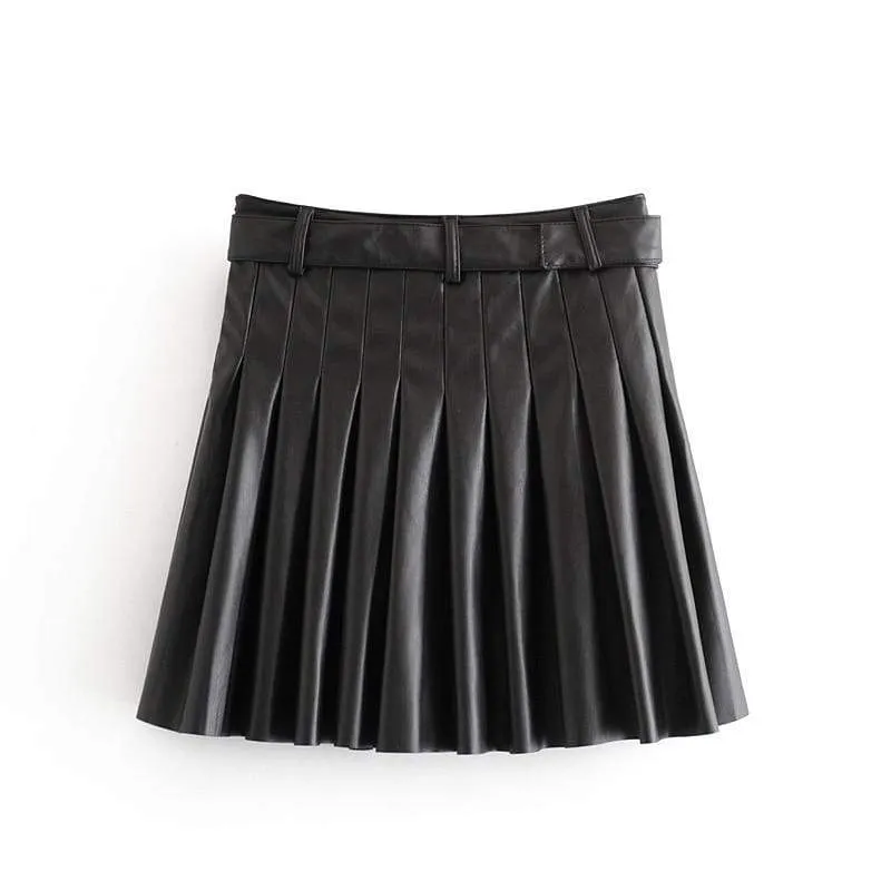 Pleated Leather Mini Skirt with Belt