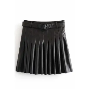 Pleated Leather Mini Skirt with Belt