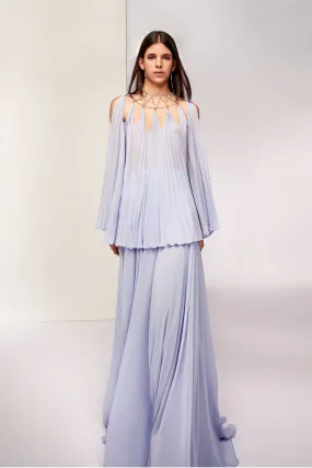 Pleated Long-Sleeved Blouse with Flared A-line Skirt