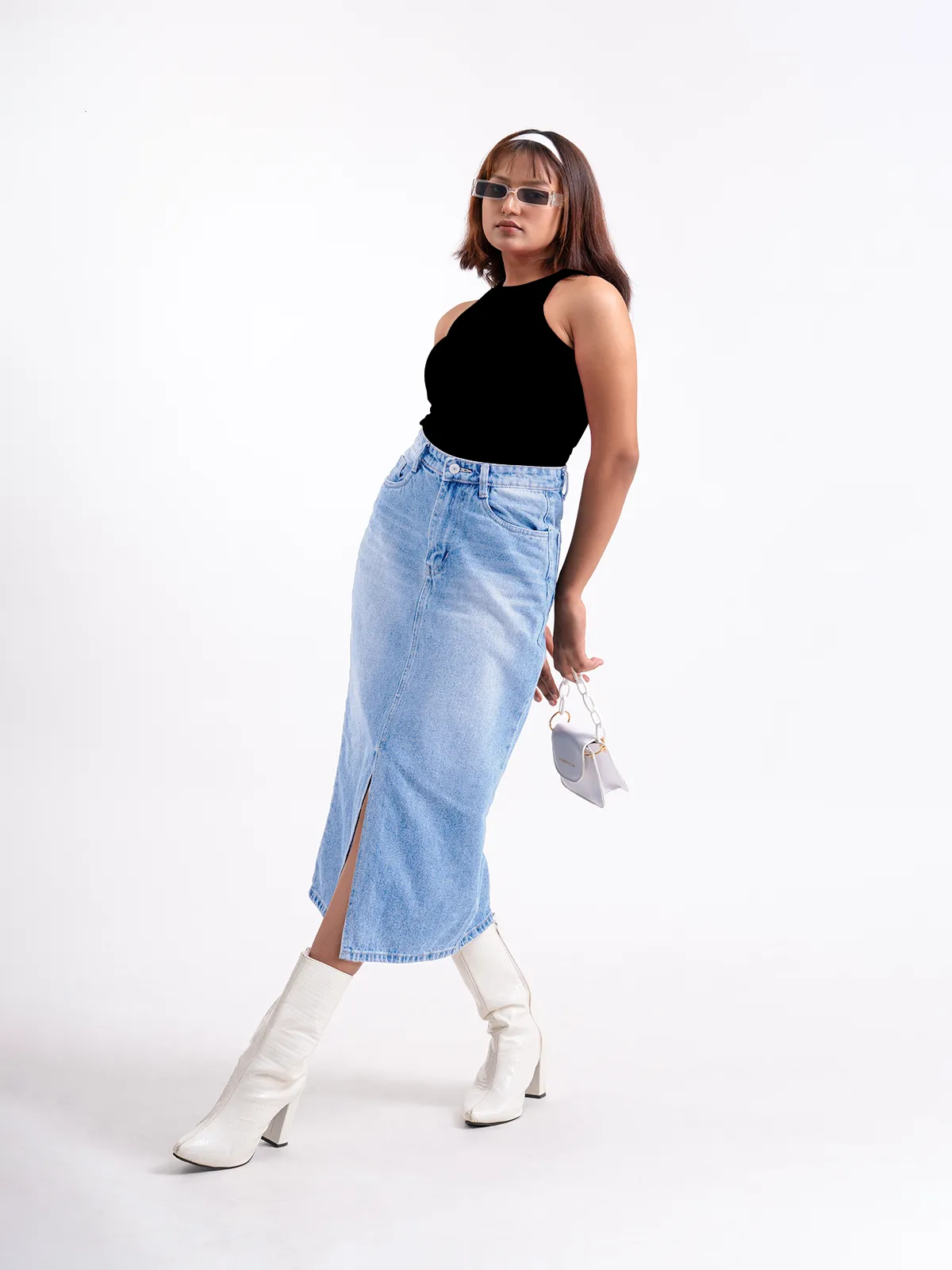 Premium Light Blue Whisker Midi Skirt