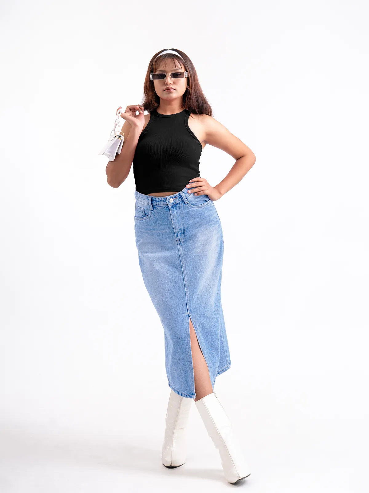 Premium Light Blue Whisker Midi Skirt