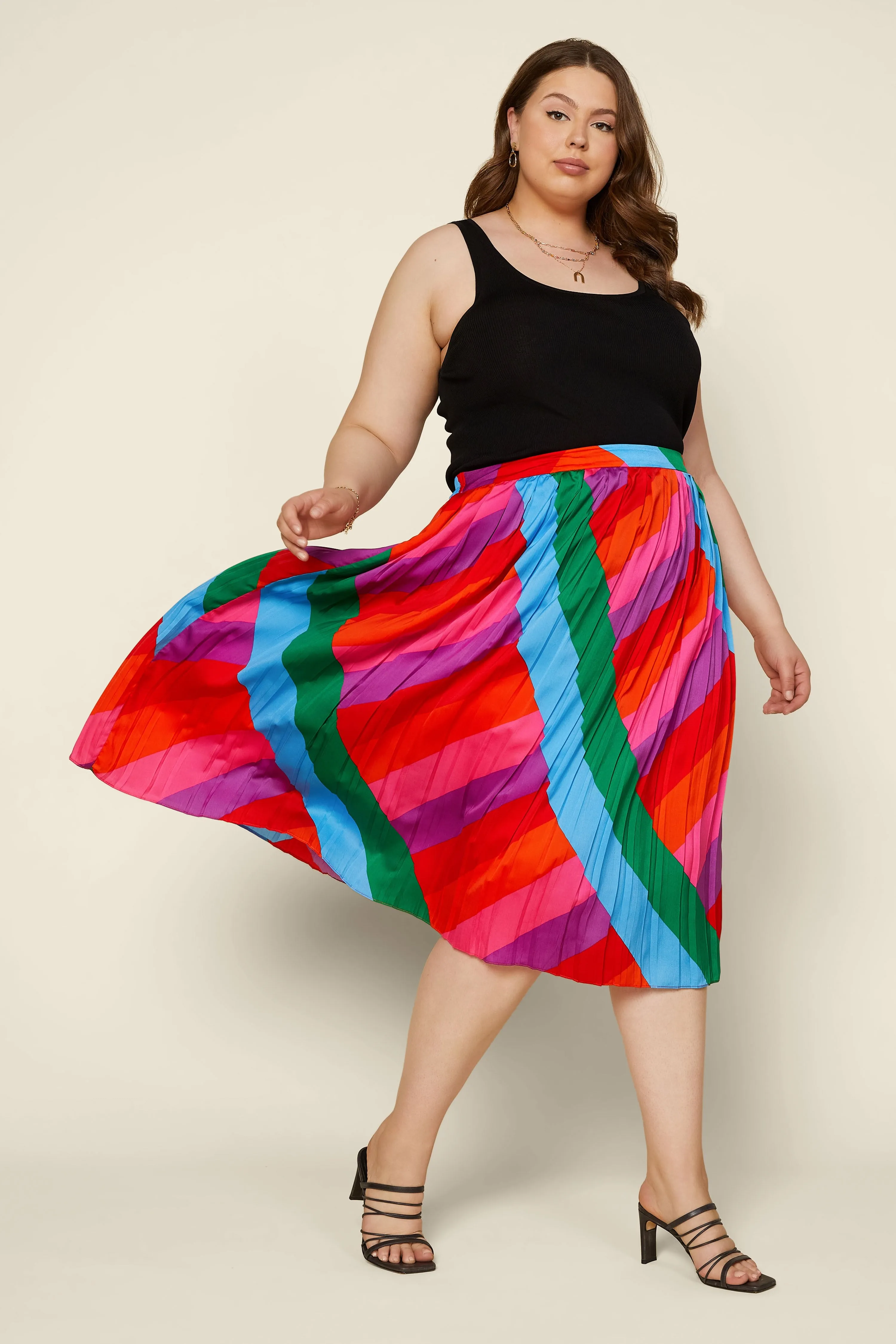 RAINBOW STRIPED PLEATED MIDI SKIRT