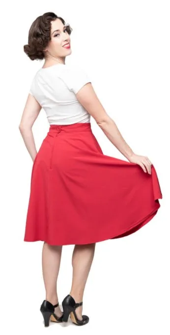 Red with Black Buttons High Waist Thrills Swing Skirt