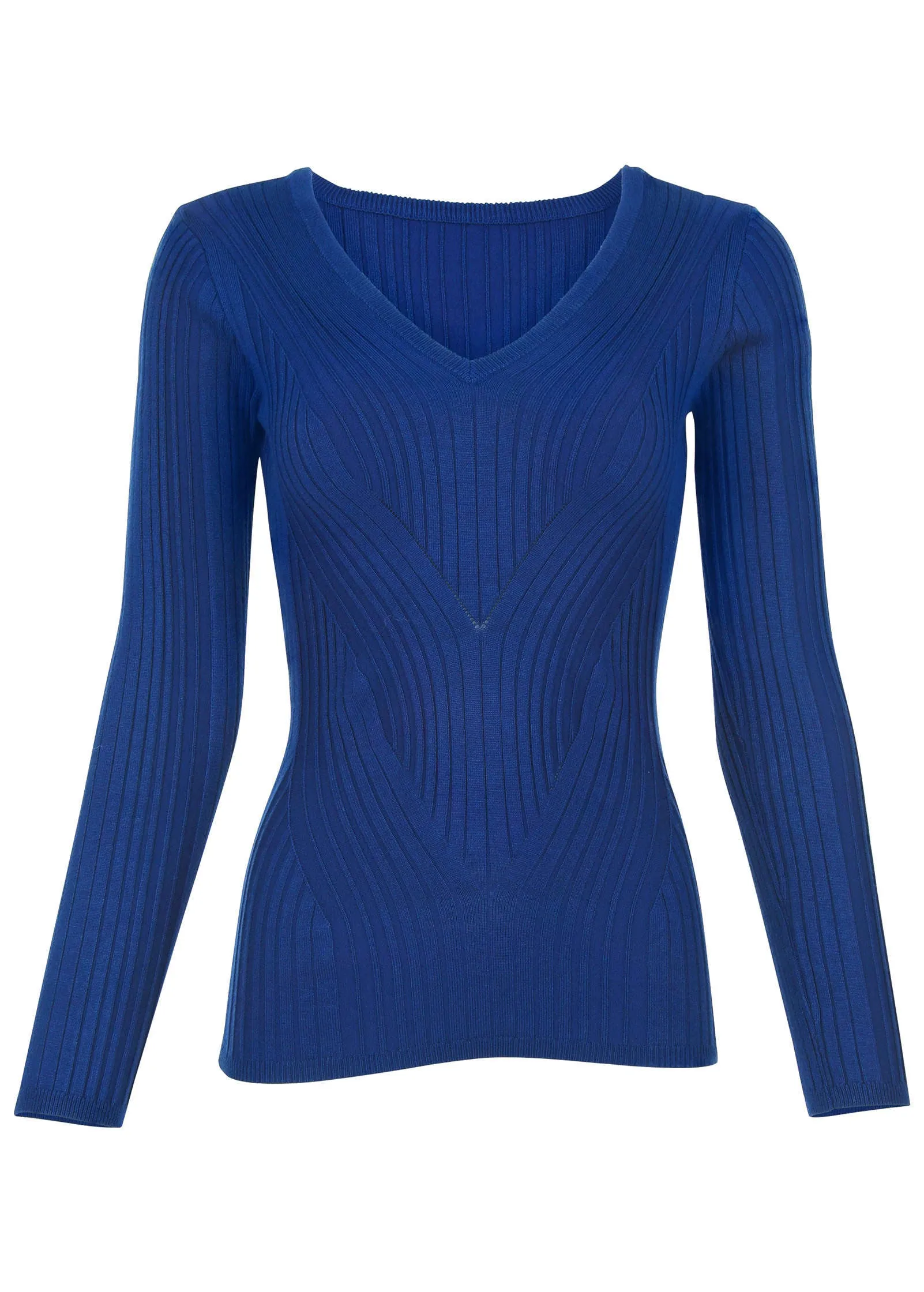 Ribbed Knit V-Neck Sweater  - Sodalite Blue