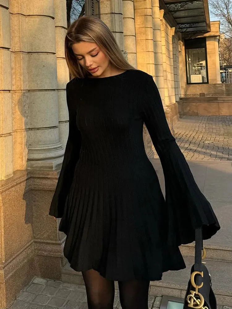 Ribbed Pleated Hem Solid Black Midi Dress
