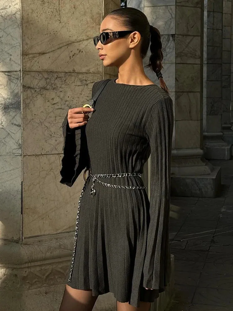 Ribbed Pleated Hem Solid Black Midi Dress