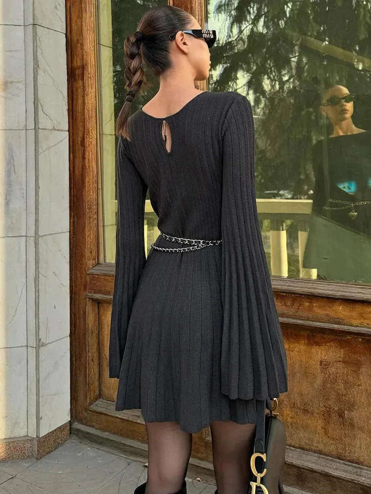 Ribbed Pleated Hem Solid Black Midi Dress