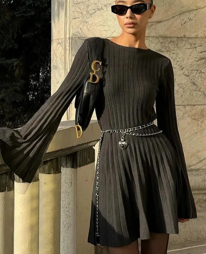 Ribbed Pleated Hem Solid Black Midi Dress
