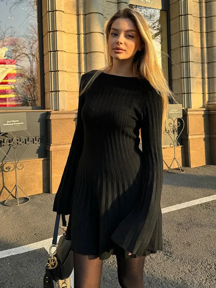 Ribbed Pleated Hem Solid Black Midi Dress