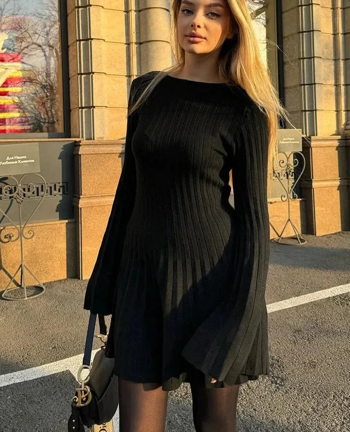 Ribbed Pleated Hem Solid Black Midi Dress