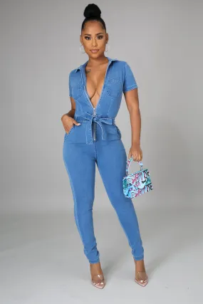 Rosalie Zip Up Bodycon Denim Jumpsuit