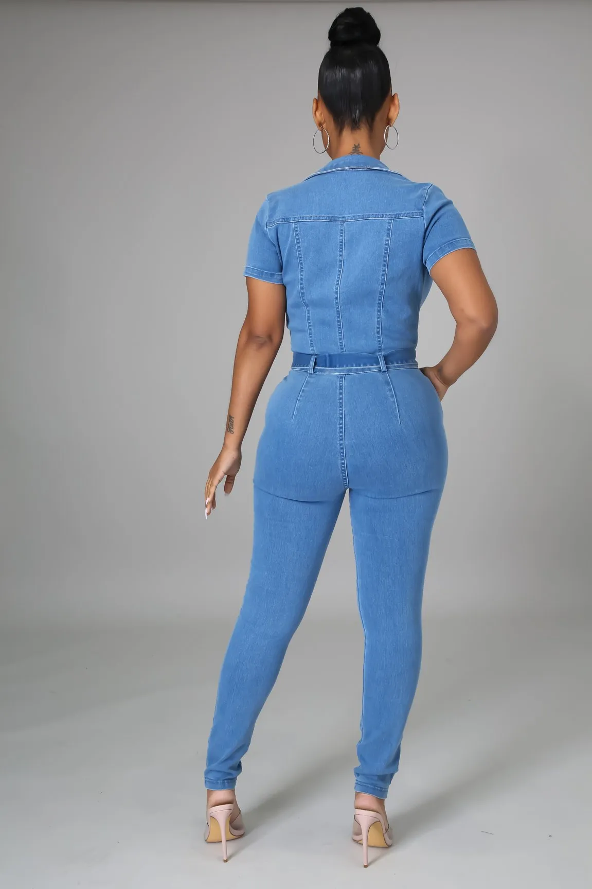 Rosalie Zip Up Bodycon Denim Jumpsuit