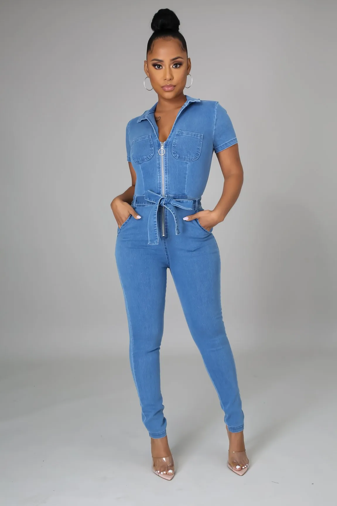 Rosalie Zip Up Bodycon Denim Jumpsuit