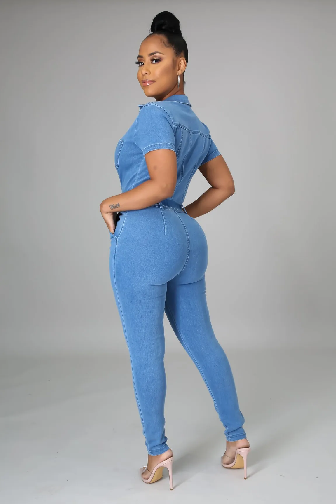 Rosalie Zip Up Bodycon Denim Jumpsuit