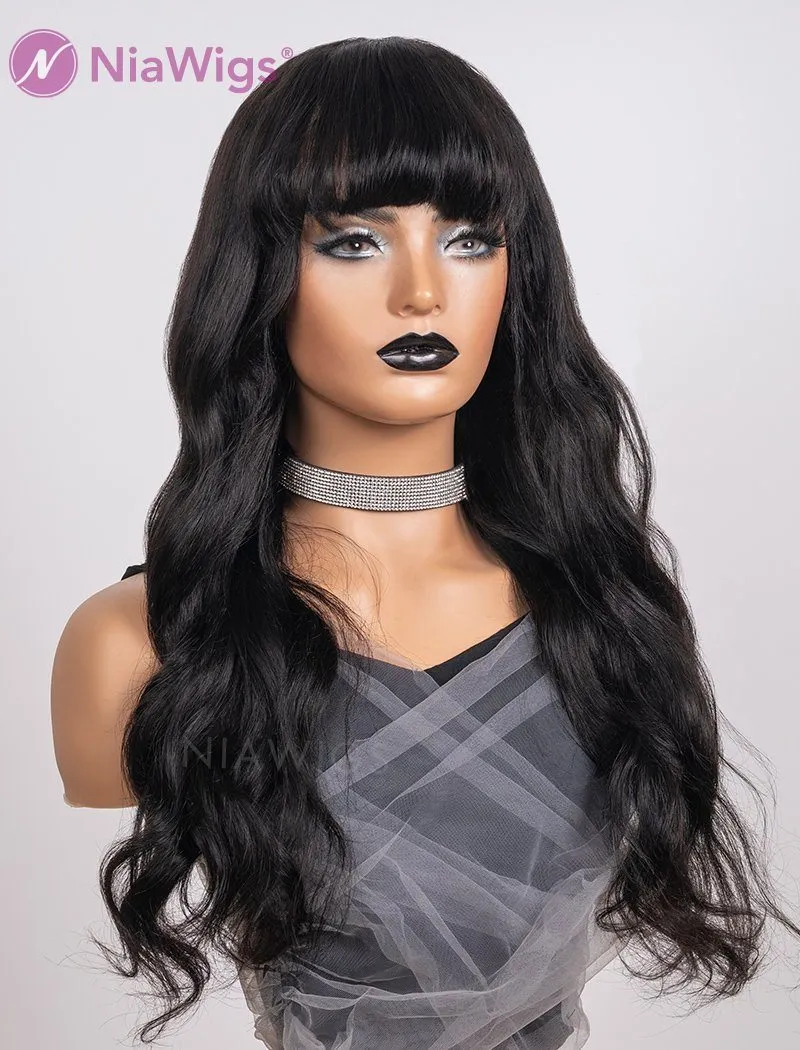 Scalp Top Wig Natural Wavy With Bangs Human Hair Wigs Machine Made